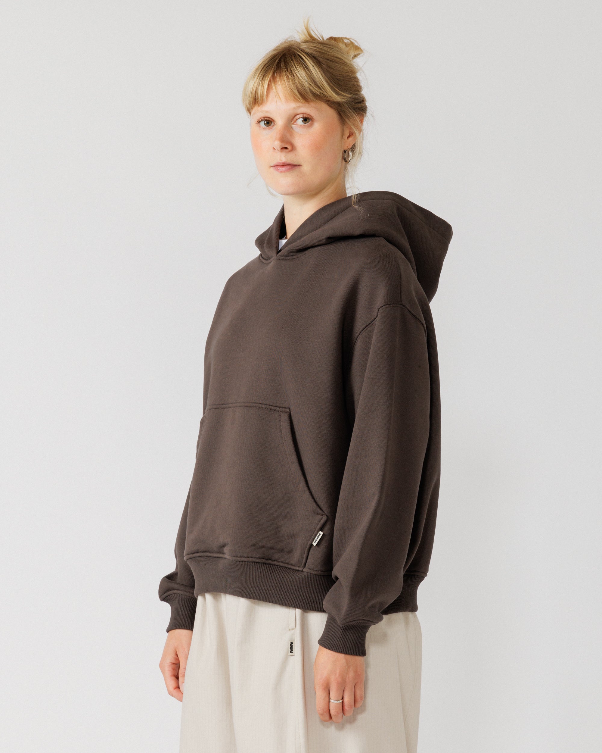 520 Organic Hoody - Chocolate Brown — women's 3/4 angle drape