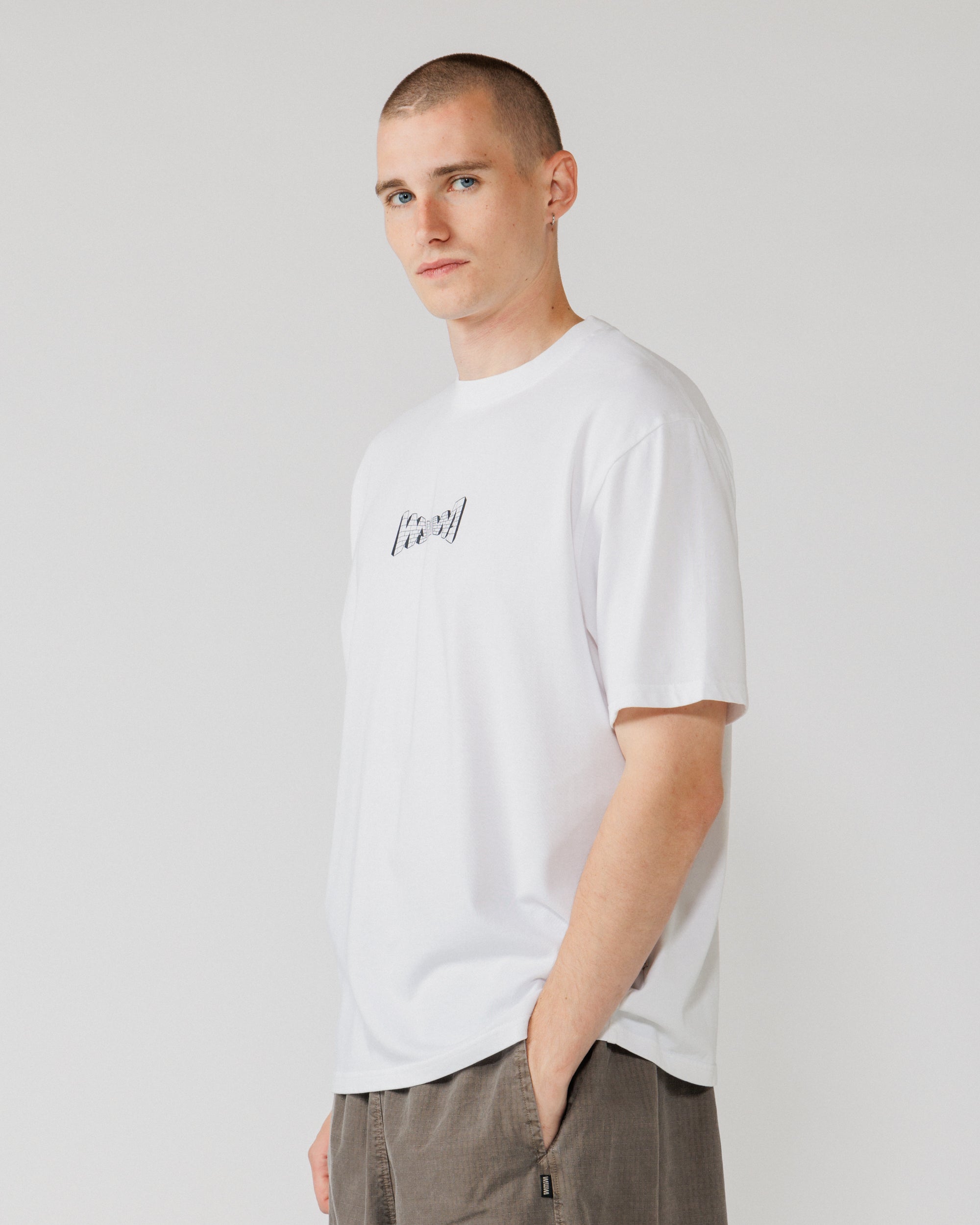 Brick Logo T-Shirt - White — three-quarter angle, drape view