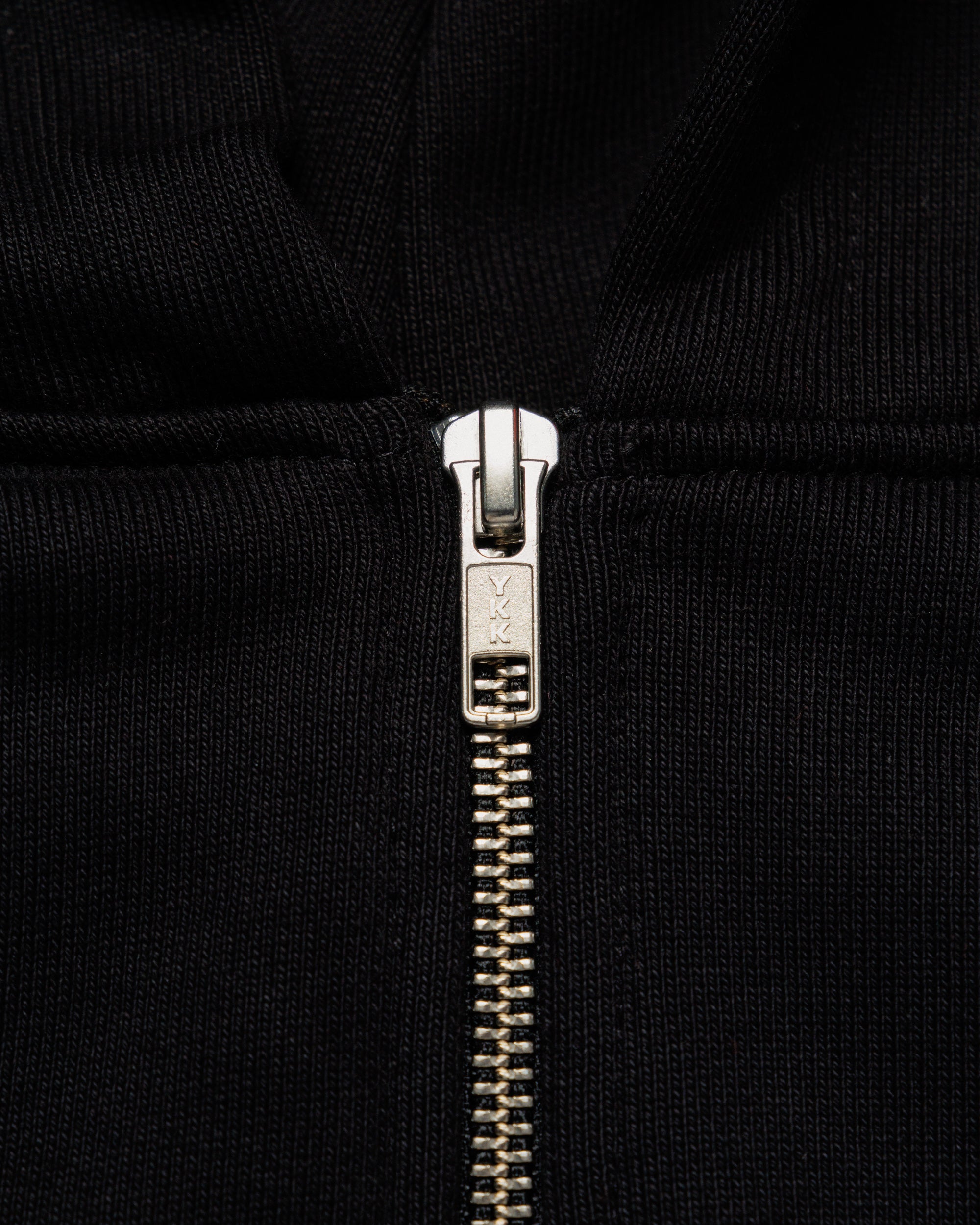 Heavyweight Two-Way Zip Hoody - Black — YKK zip hardware close-up