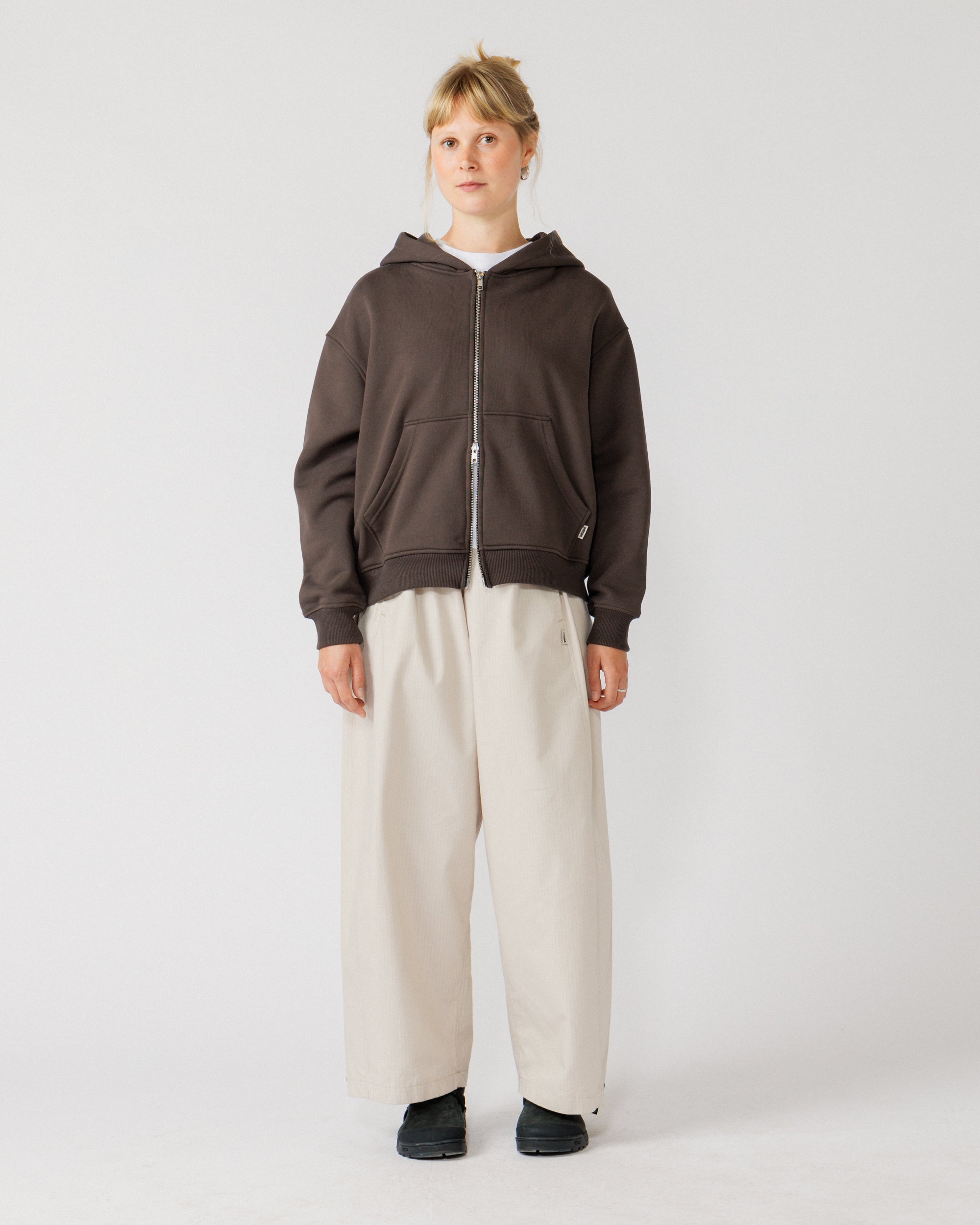 Heavyweight Two-Way Zip Hoody - Chocolate Brown — Female full-body front fit
