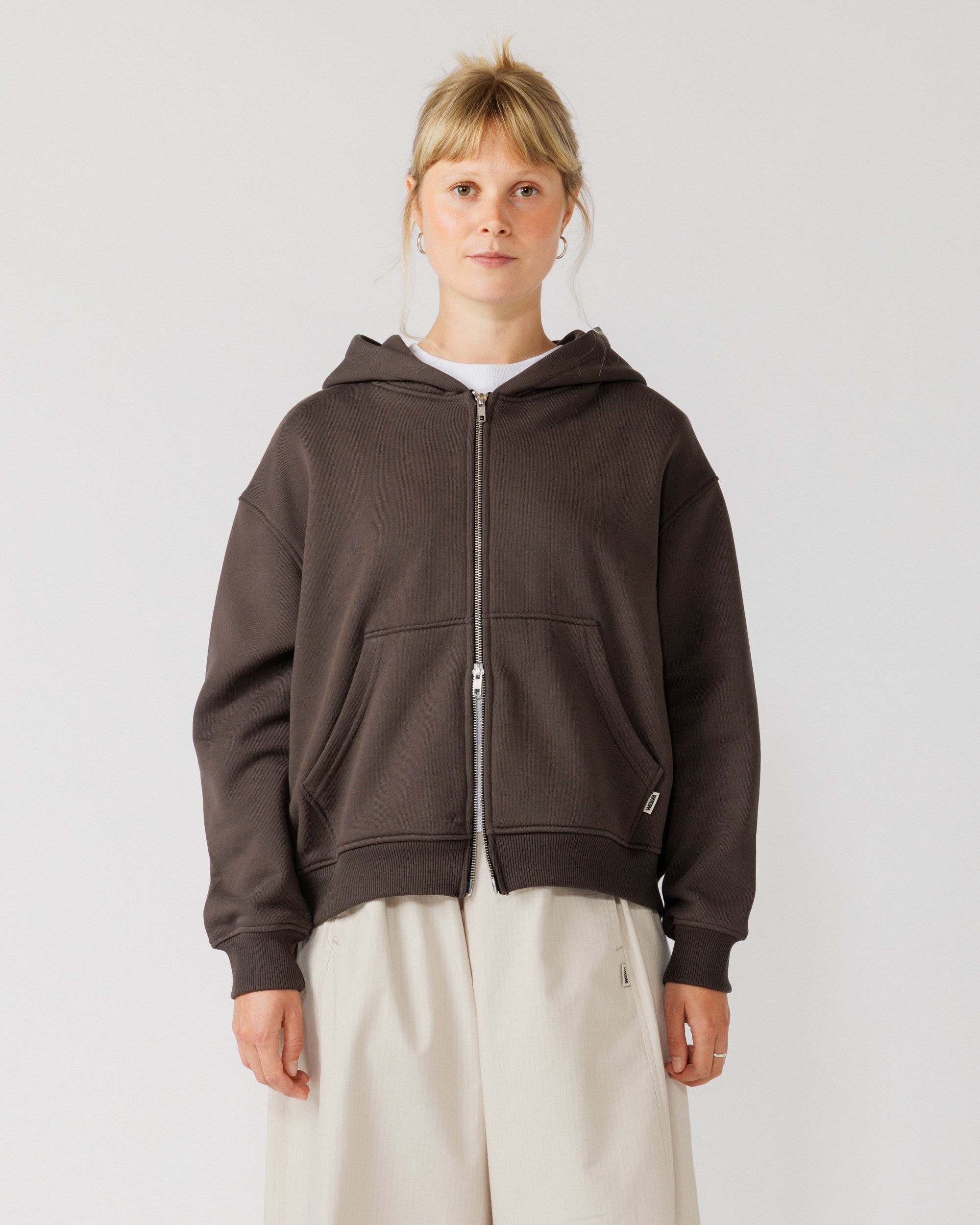 Heavyweight Two-Way Zip Hoody - Chocolate Brown — Female front crop, direct gaze
