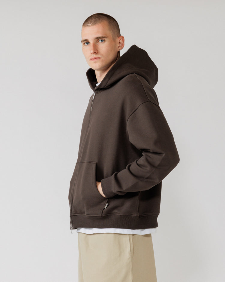 Heavyweight Two-Way Zip Hoody - Chocolate Brown — Male side angle, pocket in use