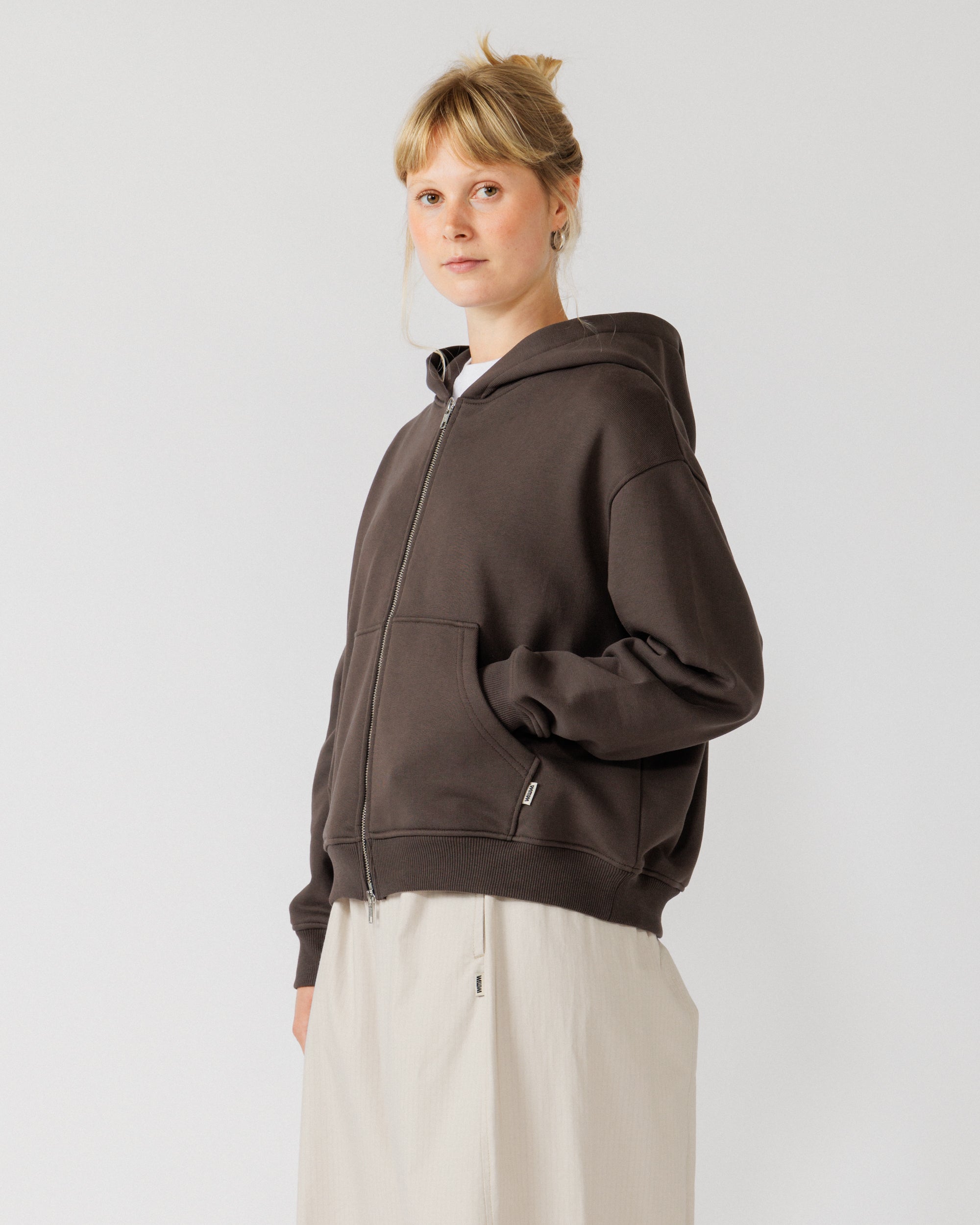 Heavyweight Two-Way Zip Hoody - Chocolate Brown — Female side angle, drape clear