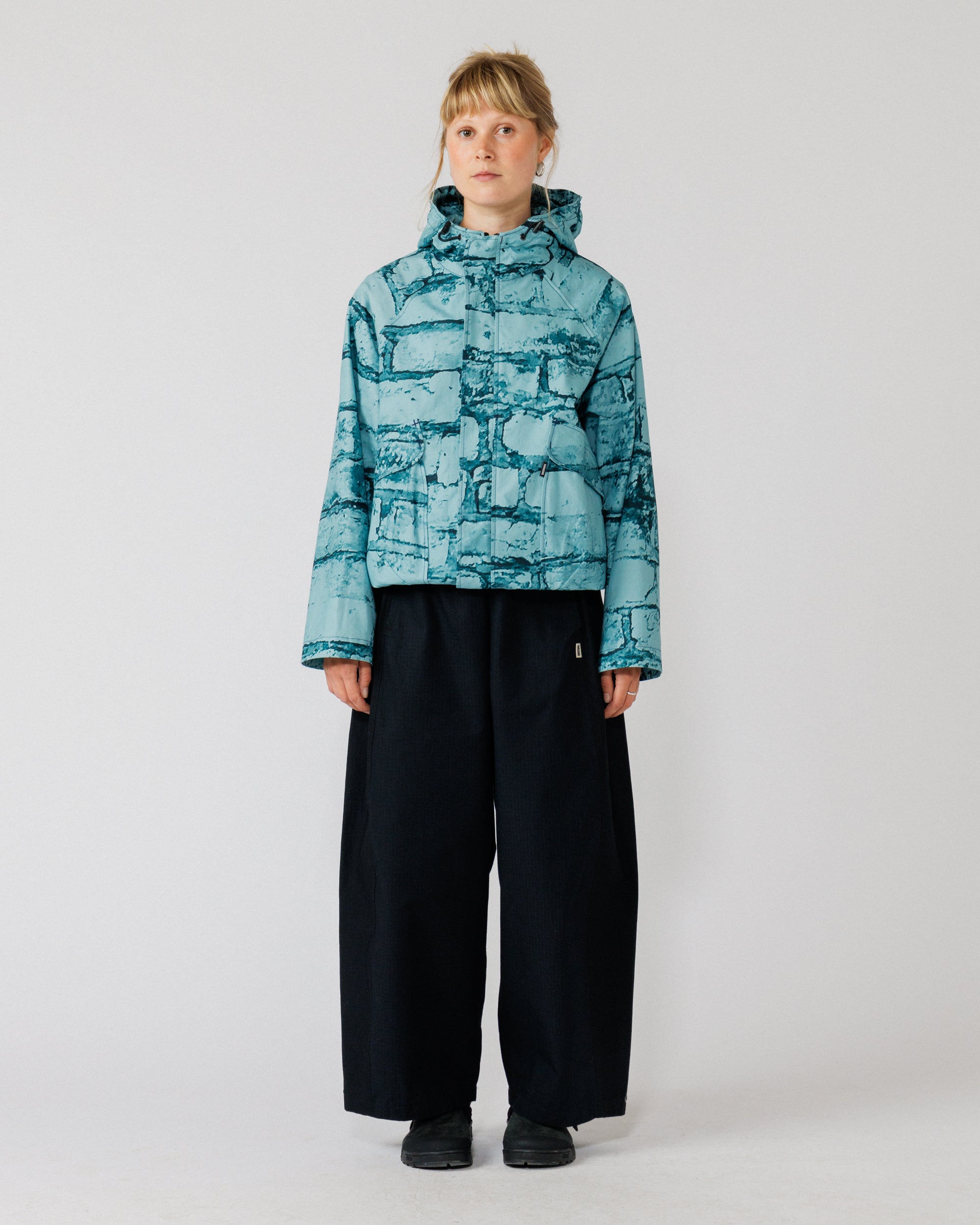 Roam Raglan Jacket - Blue Brick Camo — hero: full-body front, zipped